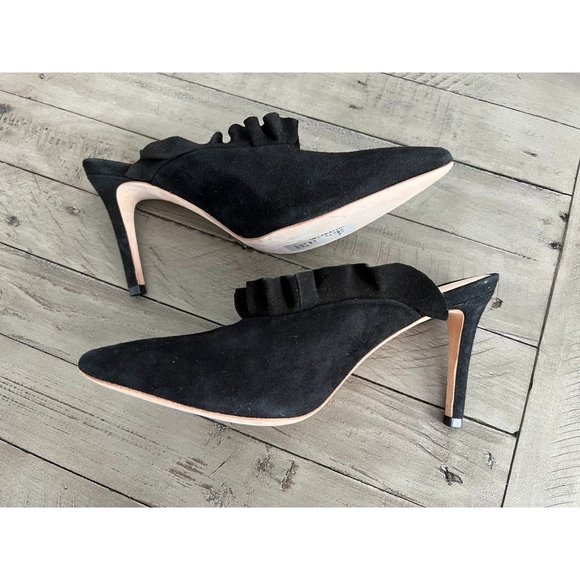 NWOB Loeffler Randall Langley Suede Ruffle Mule Slide Heels Size 9 Black - Picture 6 of 8